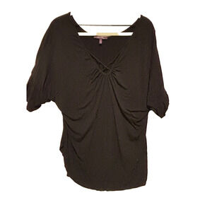 Olivia SKy Black 1X Plus V neck ruched Top Rayon Spandex Capsule Career Grunge